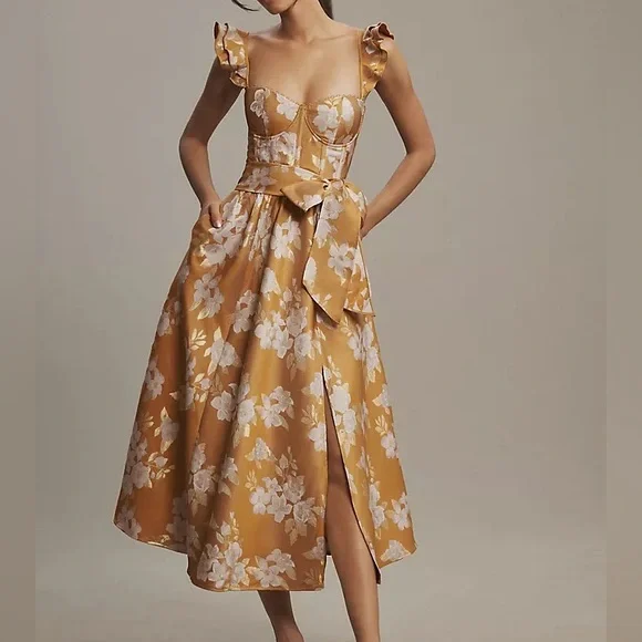V. Chapman | Dresses | V Chapman Vera Floral Jacquard Ruffle Strap Side Slit Corset Belted Midi Dress | Poshmark V. Chapman | Dresses | V Chapman Vera Floral Jacquard Ruffle Strap Side Slit Corset Belted Midi Dress | Poshmark